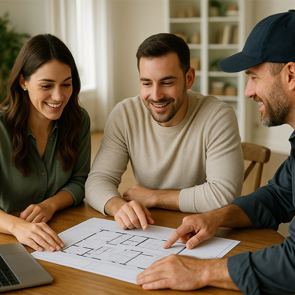 family looking at blue prints