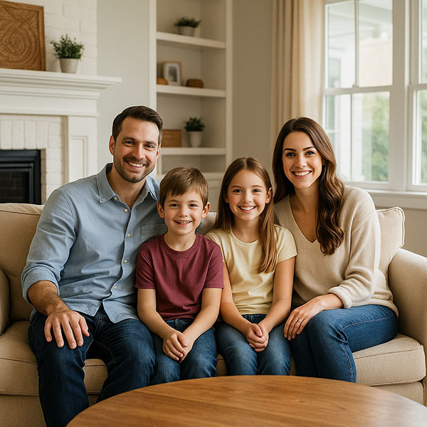 family sitting on couch enjoying new home