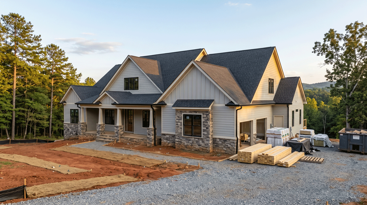 New two-story house under construction with gray siding, stone accents, and a front porch surrounded by construction materials.