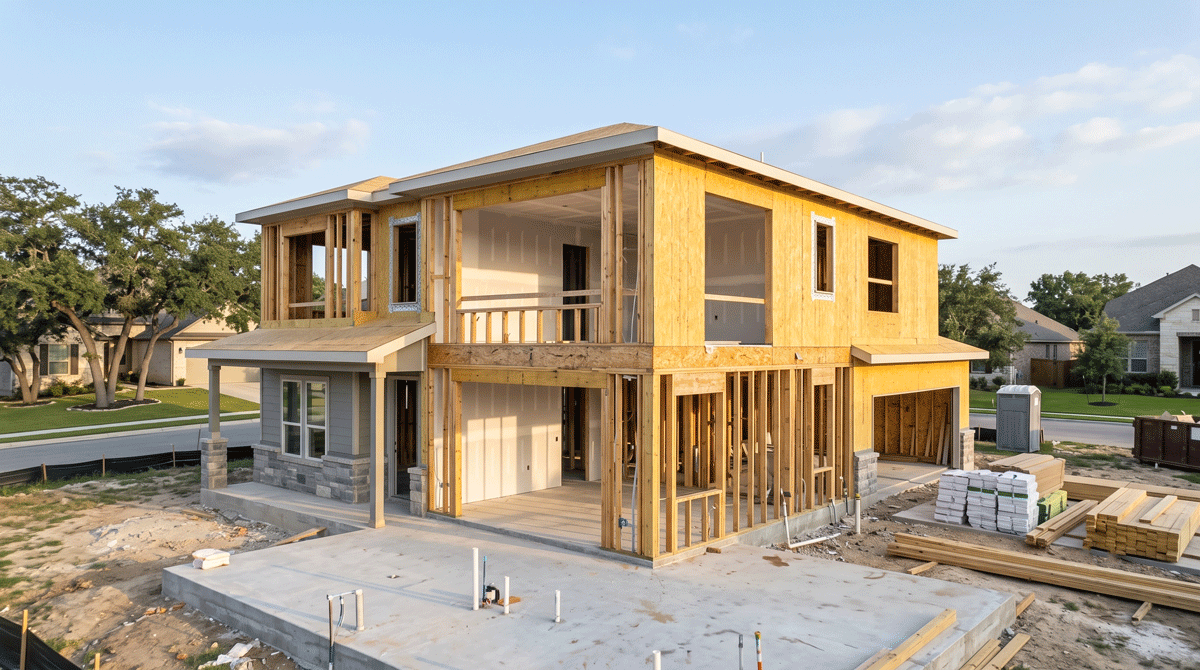 Two-story house under construction with exposed wooden framing and a concrete slab foundation on site, lumber and building materials nearby to the right.
